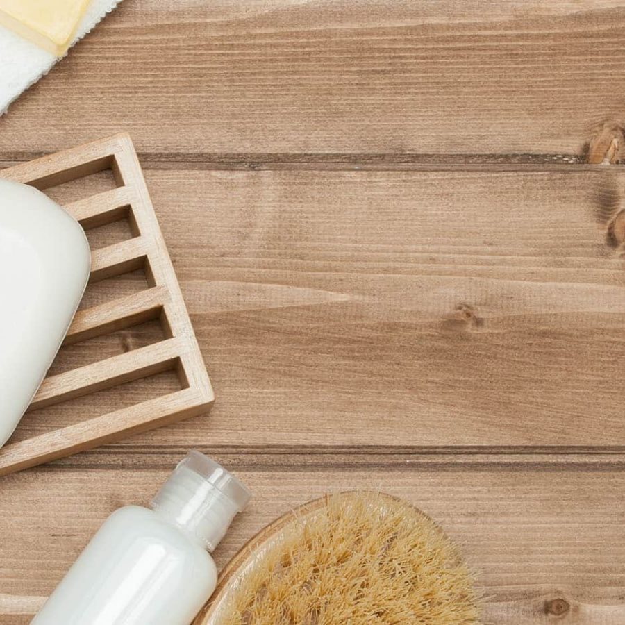 Spa Kit Top View. Shampoo, Soap Bar And Liquid. Shower Gel. Aromatherapy Salt. Copy Space.